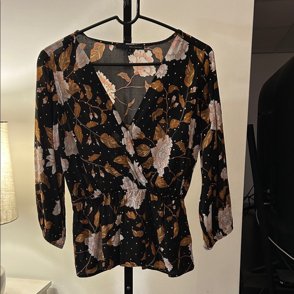 Harve Benard Black and Brown Floral Wrap Blouse